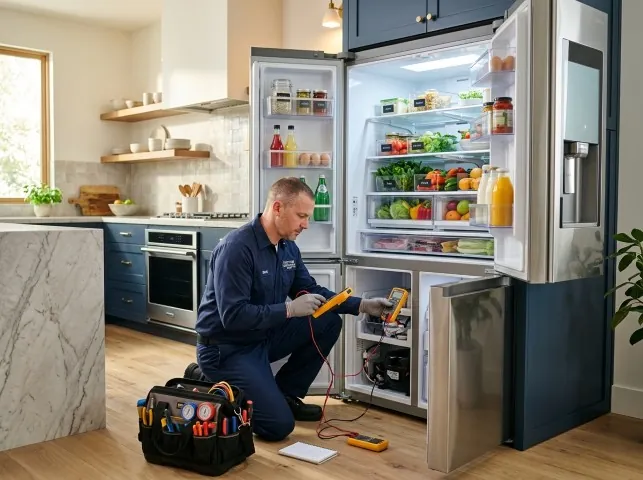 Appliance Repair Hero refrigerator technician testing a fridge on a Babylon, NY service call